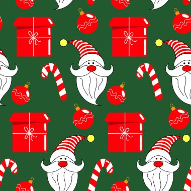 Noel desensiz, komik Noel Baba, hediye ve şekerle dolu bir kutu. Yeşil arka planda kırmızı ve beyaz tasarım. Yazdırma, tekstil, ambalaj kağıdı.