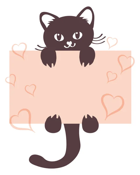 Illustration Cute Gray Cat Holding Pink Card Hearts Text Graphic — Stock Vector