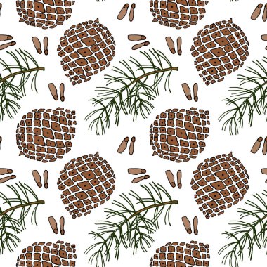 Kusursuz desen, el yapımı kozalaklar, dallar ve tohumlar. Beyaz arka planda kahverengi bir ton. Tekstil, kağıt, baskı için tasarım.