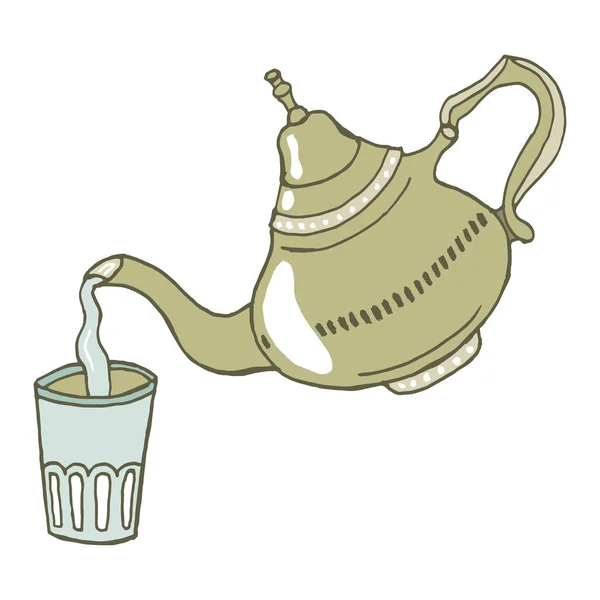 Иллюстрация Ручной Работы Ретро Чайник Чай Наливая Стакан Дизайн Открыток — стоковый вектор