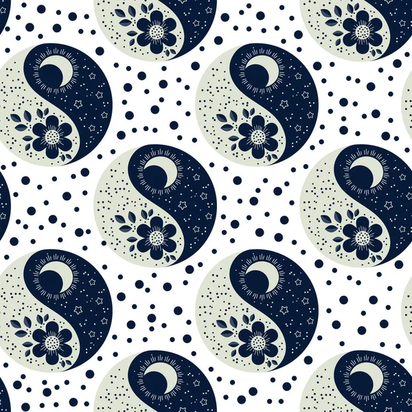 Płynny Wzór Yin Yang Symbol Dzień Noc Kwiaty Księżyc Elegancki — Wektor stockowy