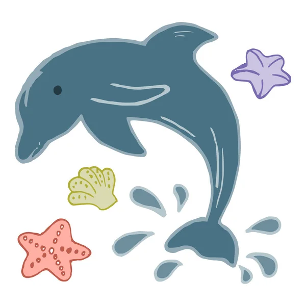 Εικονογράφηση Clip Art Δελφίνια Και Αστερίες Θαλάσσια Πλάσματα Παιδική Κάρτα — Διανυσματικό Αρχείο