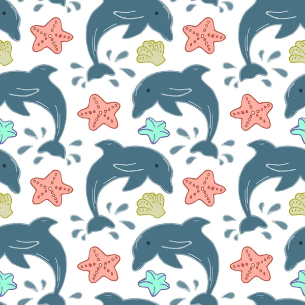 Бесшовный Узор Дельфины Морские Звезды Белом Фоне Морское Животное Детский — стоковый вектор