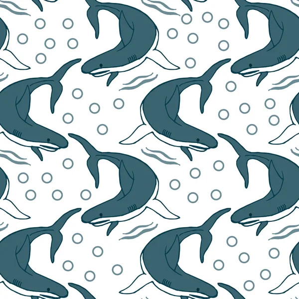Seamless Pattern Drawn Sharks Bubbles White Background Marine Animals Children — Stock Vector