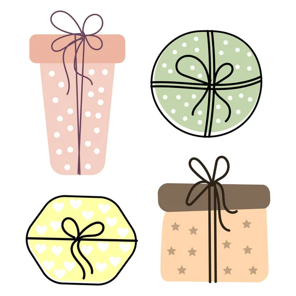 Illustration Doodles Set Drawn Various Gift Boxes Pastel Colors Design — Stock Vector