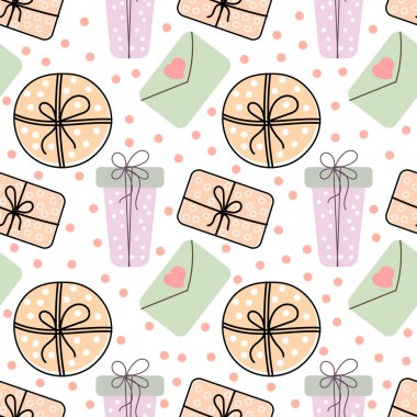 Şenliksiz desenli, pastel renklerde hediyeler içeren çeşitli kutular çizilmiş. Tekstil, duvar kâğıdı, festival kağıdı için dekor.