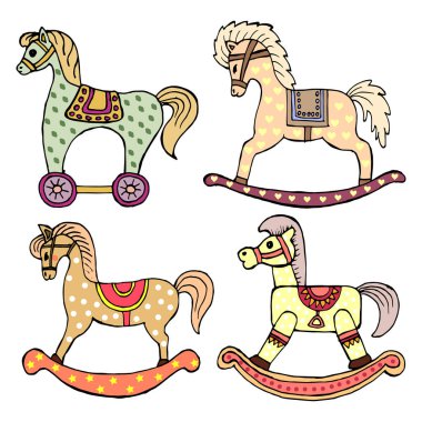 Bir sürü sevimli çocuk oyuncağı, çeşitli sallanan atlar. Çocuk kartpostalı için karalamalar, klipsli sanat.