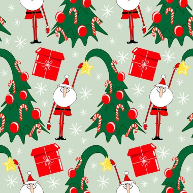 Noel desensiz şirin çizgi film. Uzun Noel Baba süslü bir Noel ağacından bir yıldız çıkarıyor. Çocuk dekoru, tekstil, ambalaj.