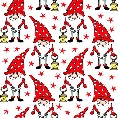 Christmas seamless pattern drawn by cute funny gnomes with lanterns and red stars. Textiles for children, festive packaging. clipart