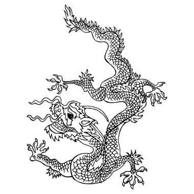 Asyalı illüstrasyon, taslak, el yapımı ateş ejderhası. Efsanevi sembol. Poster, yazdırma.