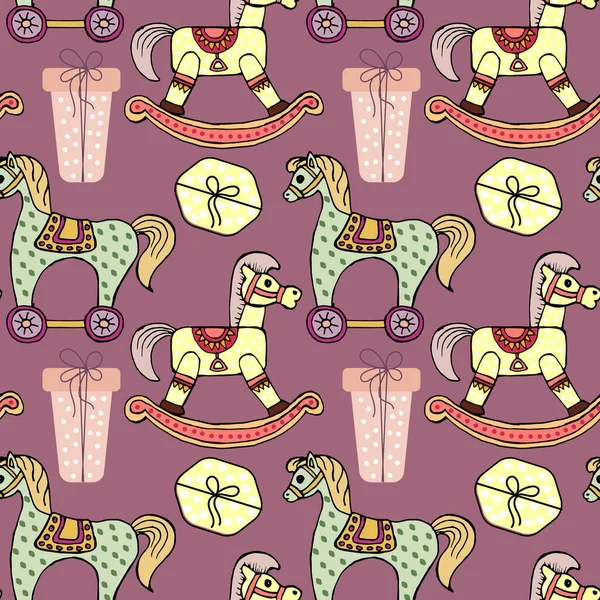 Festive seamless pattern drawn cute childrens toys, a variety of rocking horses and boxes with gifts. Children's decor, textiles, packaging.