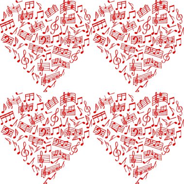 Kusursuz desen, kalpler, notalar, üçlü anahtar ve asalar. Yazdır. Tekstil, kağıt ve kapak için beyaz arkaplanda siyah tasarım