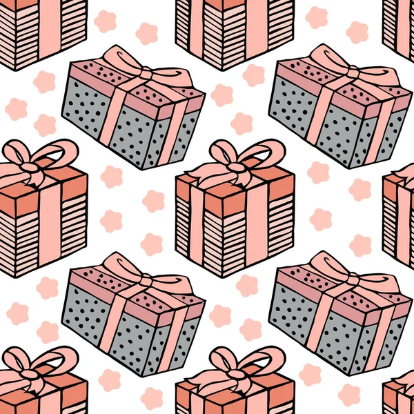 Seamless Pattern Hand Drawn Cute Pink Gifts Boxes Ribbon Print — Stock Vector