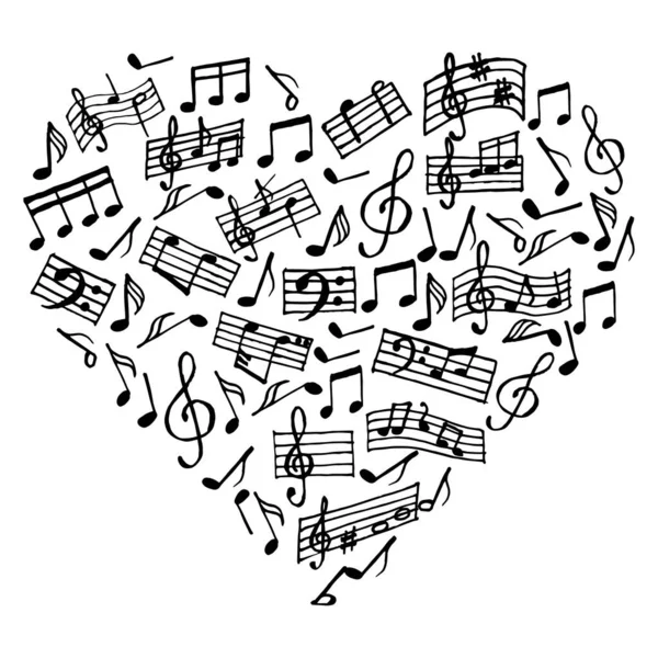 Música Corazón Notas Musicales Clave Triple Pentagramas Impresión Diseño Negro — Vector de stock