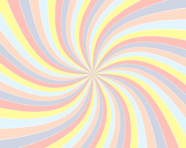 Soyut arkaplan. Merkezden spiral şeklinde yayılan pastel renkli ışınlar. Modern tasarım.