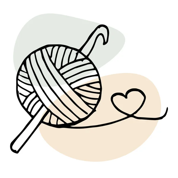 线的手拉球 钩子和心在抽象的地方 对编织的热爱 — 图库矢量图片