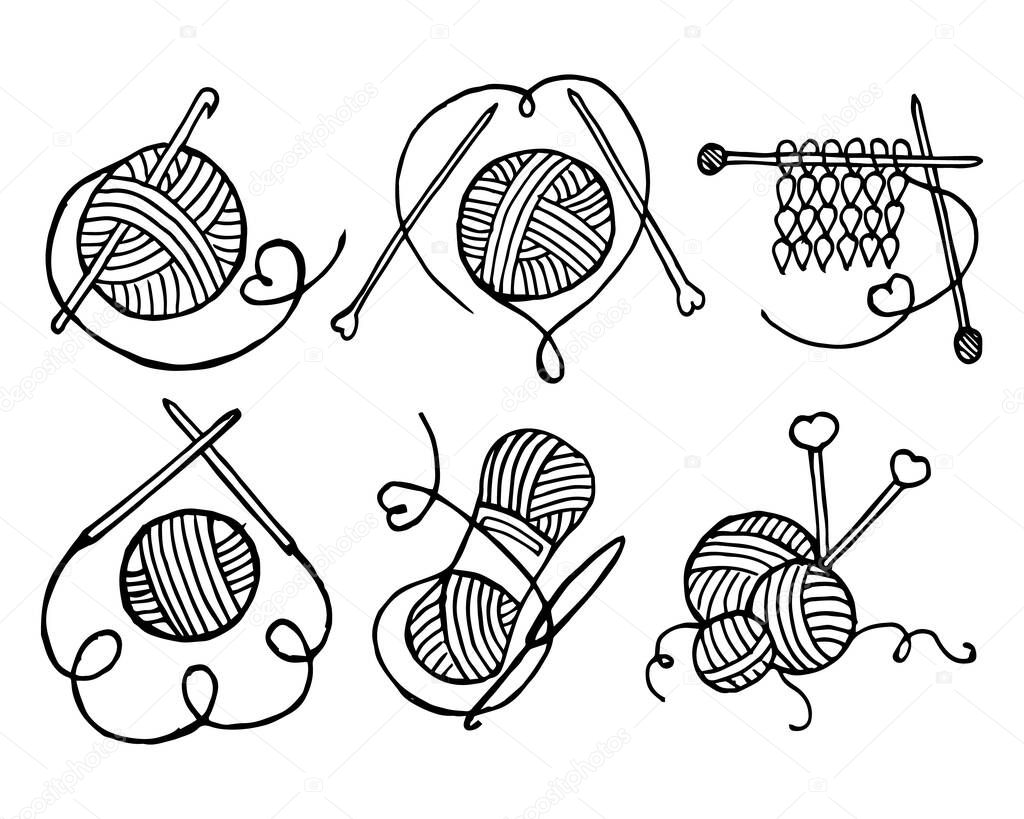 Illustration, a set of icons on the theme of Knitting, drawn skeins, balls of thread, knitting needles and a hook. Sketch.