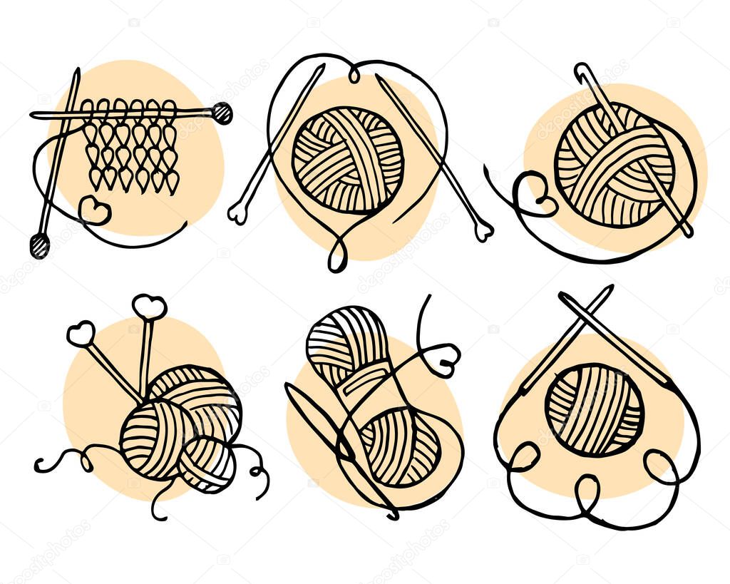 Illustration, a set of icons on the theme of Knitting, drawn skeins, balls of thread, knitting needles and a hook on abstract spots. Love for knitting.
