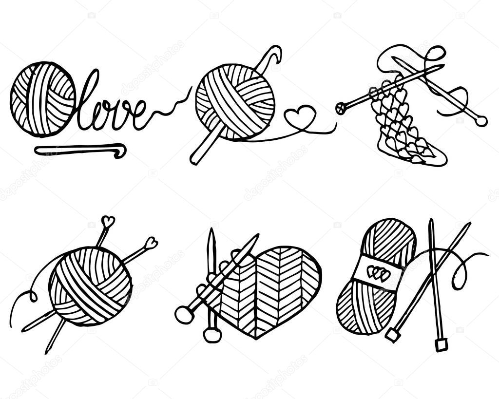Illustration, a set of icons on the theme of Knitting, drawn skeins, balls of thread, knitting needles and a hook. Sketch.