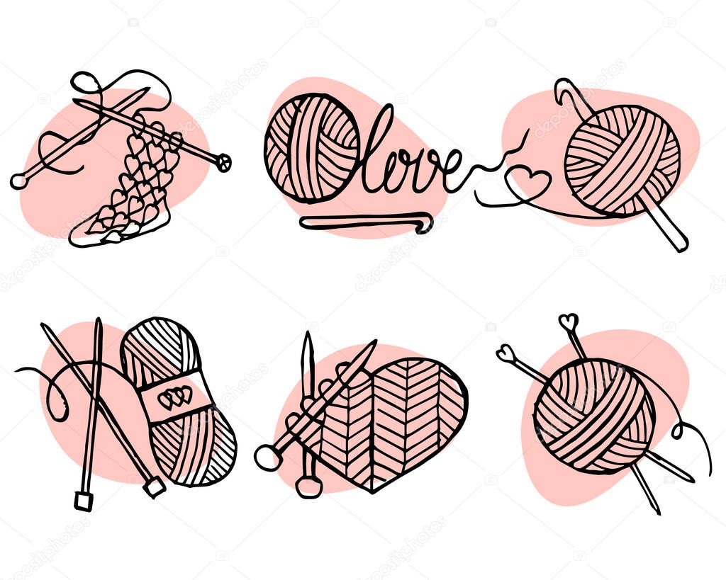 Illustration, a set of icons on the theme of Knitting, drawn skeins, balls of thread, knitting needles and a hook on abstract spots. Love for knitting.