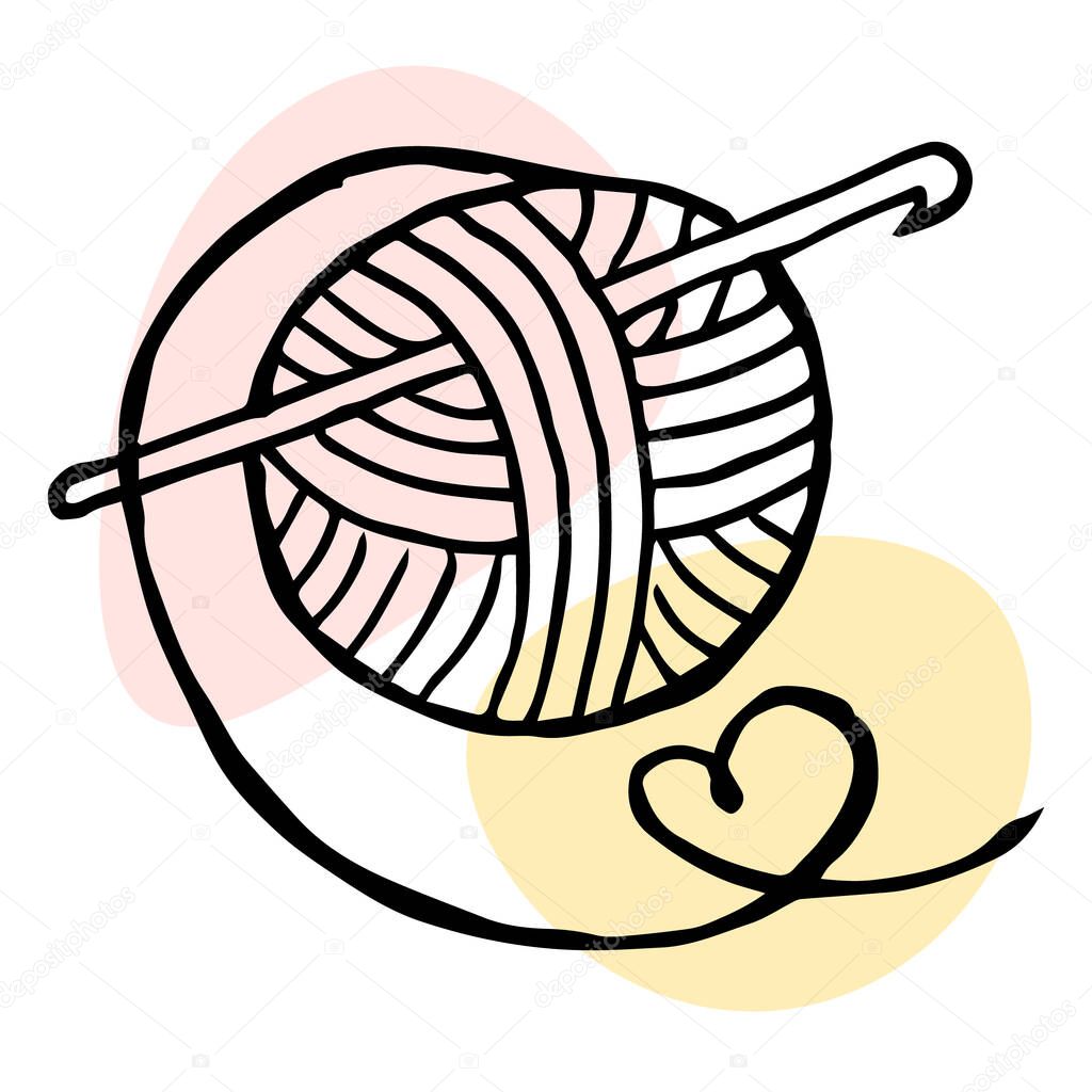 Illustration, icon, drawn ball of thread and hook on abstract spots. Love for knitting.