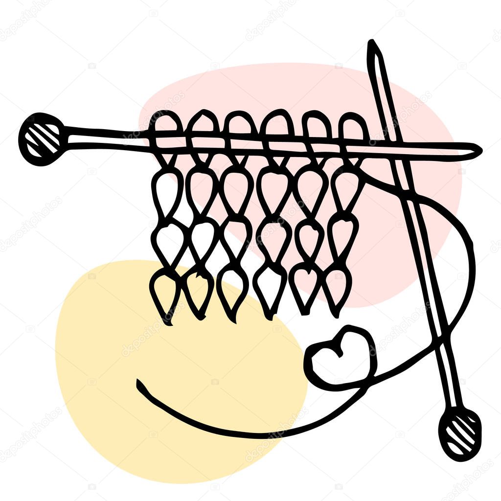 Illustration, icon, drawn knitted thing and knitting needles on abstract spots. Love for knitting.