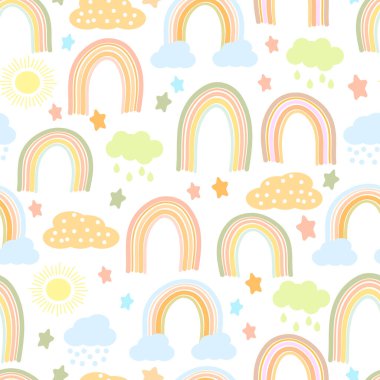 Tatlı gökkuşakları, yağmur bulutları ve pastel renklerde güneş ile çizilmiş kusursuz desen. Karalamalar. Yazdırma, çocuklar için tekstil, paketleme için dekor, kapak.
