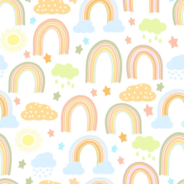 用可爱的彩虹 雨云和太阳涂成柔和的色彩的无缝图案 斗牛士 儿童用纺织品 包装用装饰 — 图库矢量图片