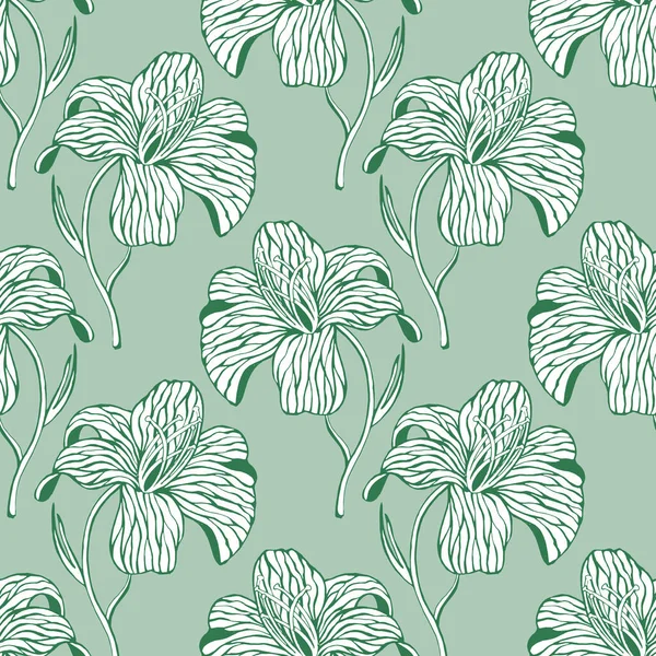 Бесшовный Рисунок Орхидей Ручной Работы Контур Цветные Бледно Зеленые Стилизованные — стоковый вектор