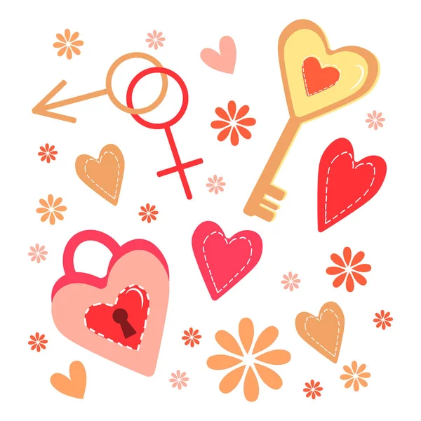 Illustration Doodles Theme Love Heart Key Heart Lock Signs Feminine — Stock Vector
