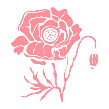 Narin pembe bir gelincik çiçeğinin el çizimi. Şekillendirilmiş karalama. Kartpostallar için tasarım. Yazdır, tekstil, kapak, pastel keten