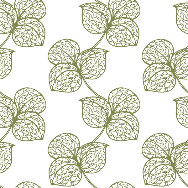 Seamless Pattern Drawn Green Leaves Clover White Background Stylized Doodles — Stock vektor