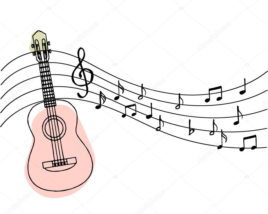 Illustration of music, guitar, musical notation and treble clef on a staff. Elegant black and white design for logo, poster, banner.