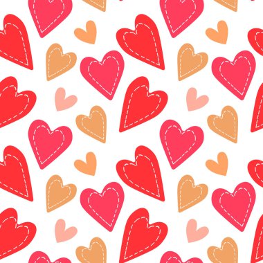 Aşkın temasındaki kusursuz desen, beyaz arka planda pembe gölgelerin dikişli sevimli kalpleri. Baskı, tekstil, Sevgililer Günü için kapak, düğünler.