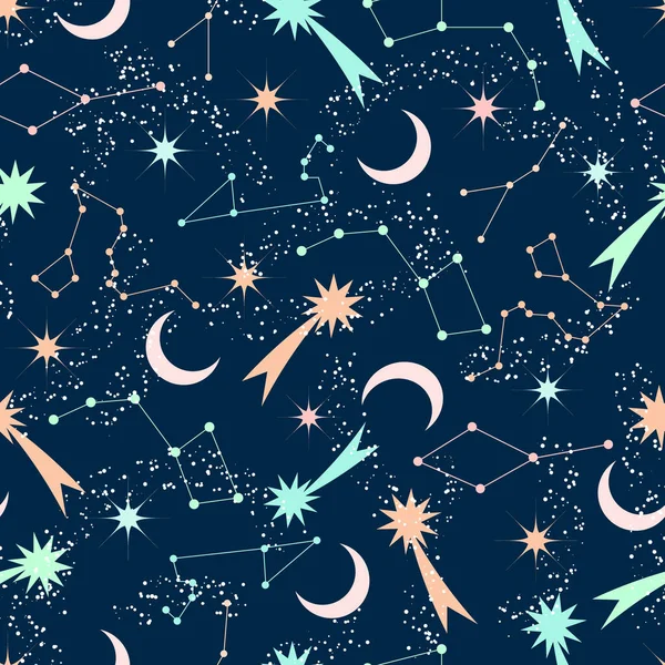 Nahtloses Muster Glühende Sternschnuppen Der Mond Und Die Sternbilder Blauen — Stockvektor