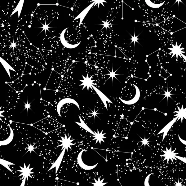 Płynny Wzór Świecące Spadające Gwiazdy Księżyc Gwiazdozbiory Niebieskim Nocnym Niebie — Wektor stockowy