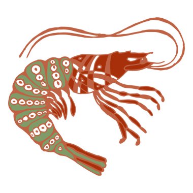 Şekilde çizilmiş karidesin tasviri. Su altı yaşamı. Çocuk kartpostalları, baskılar, çıkartmalar için tasarım