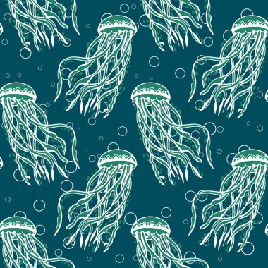 Kusursuz desen, iz, baloncuklu turkuaz suda çizilmiş denizanası. Su altı yaşamı. Tekstil, kapak, kağıt, duvar kağıdı için tasarım.
