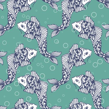 Kusursuz desen, iz, baloncuklu turkuaz suda çizilmiş yayın balığı. Su altı yaşamı. Tekstil, kapak, kağıt, duvar kağıdı için tasarım.