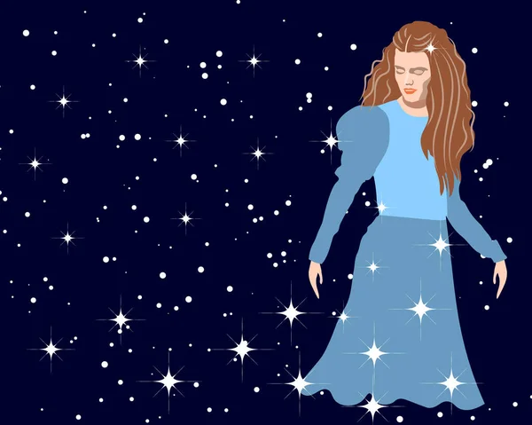 Vektorová Ilustrace Dlouhovlasá Dívka Modrých Šatech Pozadí Hvězdnaté Oblohy Víla — Stockový vektor