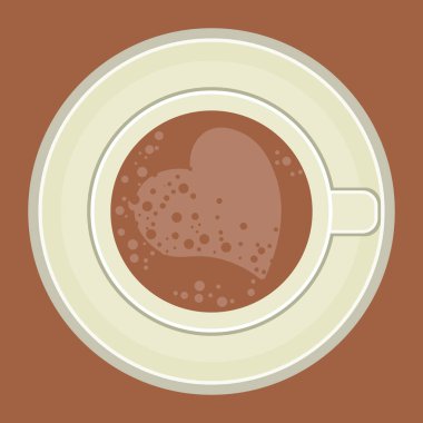 Düz çizim, fincan köpüklü kahve ve çay tabağında kalp şeklinde. Yukarıdan bak. Kart, poster, kafe için bej tasarım.