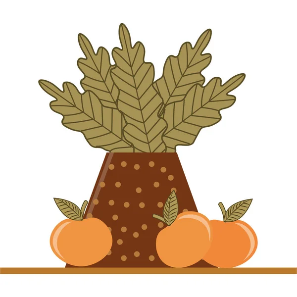 Illustrazione Piatta Vaso Disegnato Con Foglie Secche Frutti Sul Tavolo — Vettoriale Stock