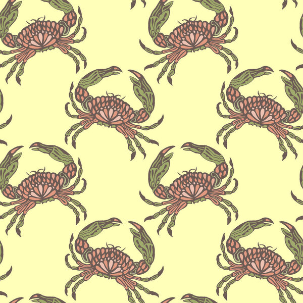 Seamless pattern, print, hand-drawn stylized crabs with ornament on a gentle background. Textile, cover, decor for wallpaper