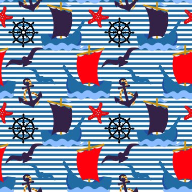 Kusursuz deniz şablonu, gemiler, direksiyon, çapalar ve çizgili arka planda martılar. Tekstil, kapak, duvar kağıdı için yazdır, dekor