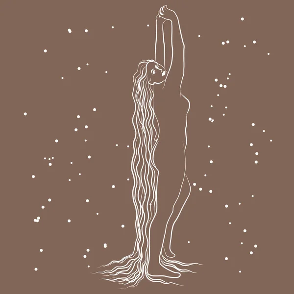 Line Art Beautiful Nude Girl Long Hair White Outline Dark —  Vetores de Stock