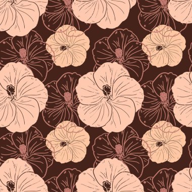 Kusursuz desen, iz, pembe narin çiçekler ve kahverengi arkaplanda pembe çiçek deseni. Tekstil, duvar kağıdı, örtü. Zarif tasarım.