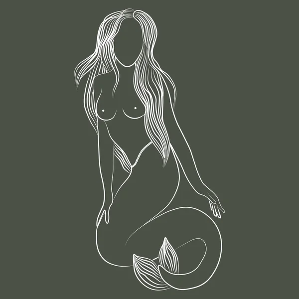 Line Art Beautiful Nude Mermaid Girl Long Hair White Outline — Vettoriale Stock