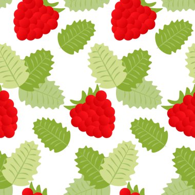 Kusursuz desen, iz, çizilmiş ahududu ve beyaz arka planda yeşil yapraklar. Tekstil, ambalaj kağıdı, kapak, mutfak dekorasyonu..