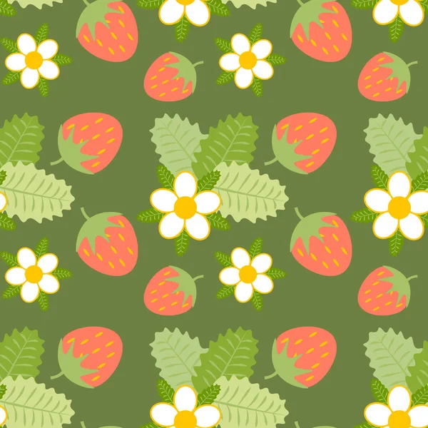 Patrón Sin Costuras Estampado Fresas Rojas Dibujadas Flores Hojas Verdes — Vector de stock