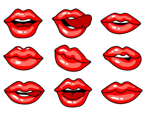 Een Set Stickers Iconen Heldere Vrouwelijke Lippen Die Verschillende Emoties — Stockvector